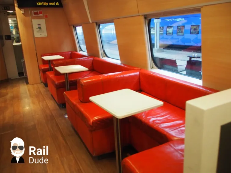 Dining car of the Snabbtag train in Sweden.