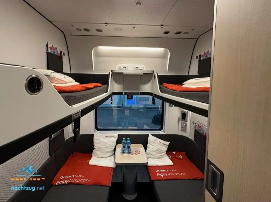 ÖBB nightjet kupeja: plašs salons ar četrām gultasvietām.